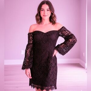 CUPCAKES AND CASHMERE WINE COLOR ADALIRA OFF THE SHOULDER LACE DRESS (Size 8)